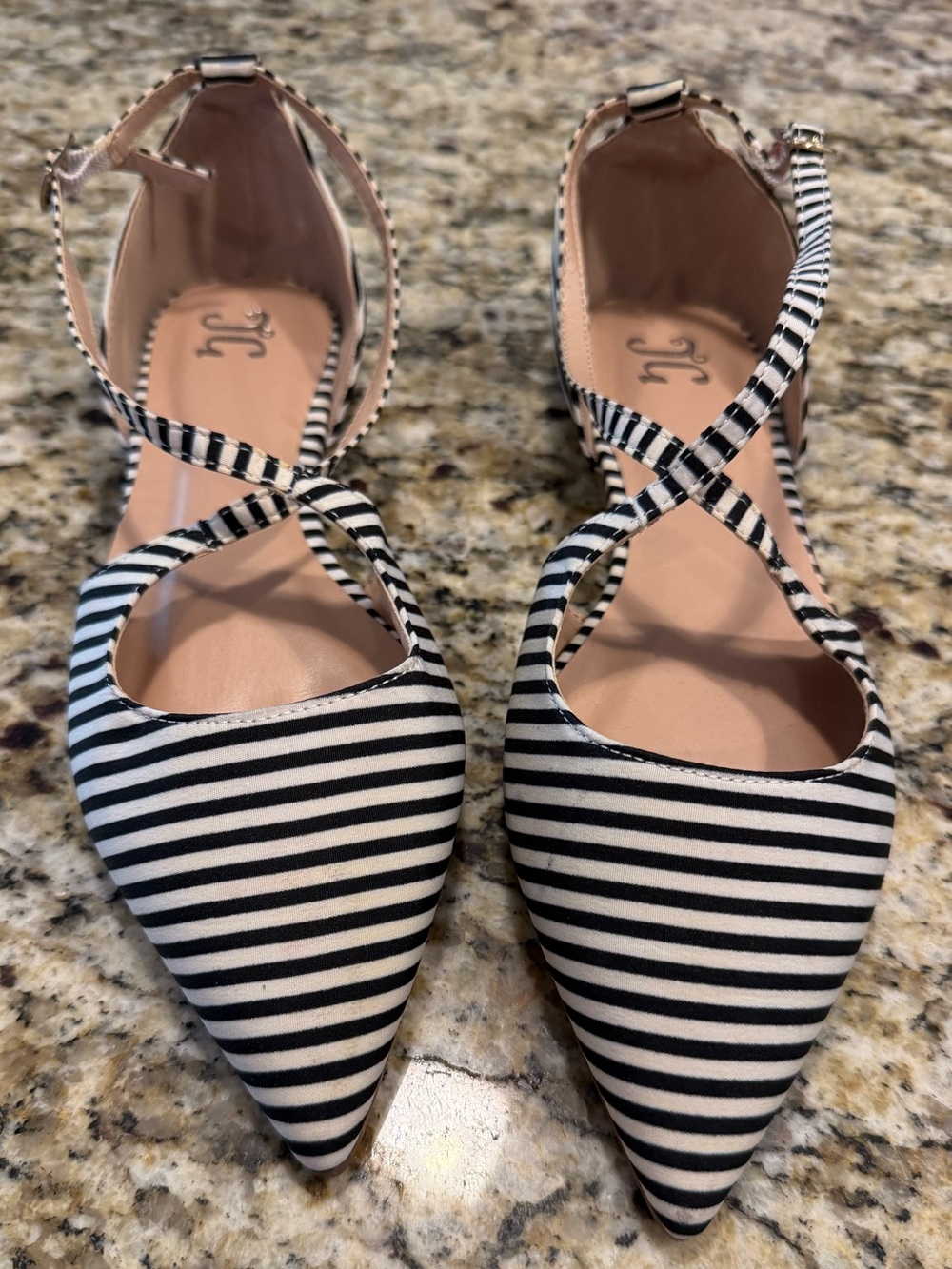 JG strappy point toe black & white striped preppy flats SZ 6.5